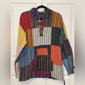 Shop Therapy Patchwork Hoodie Tunic Cotton Pullover L XL Nepal